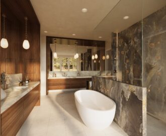 Bathroom rendering by CG Studio Interiors using Breche de Versailles stone