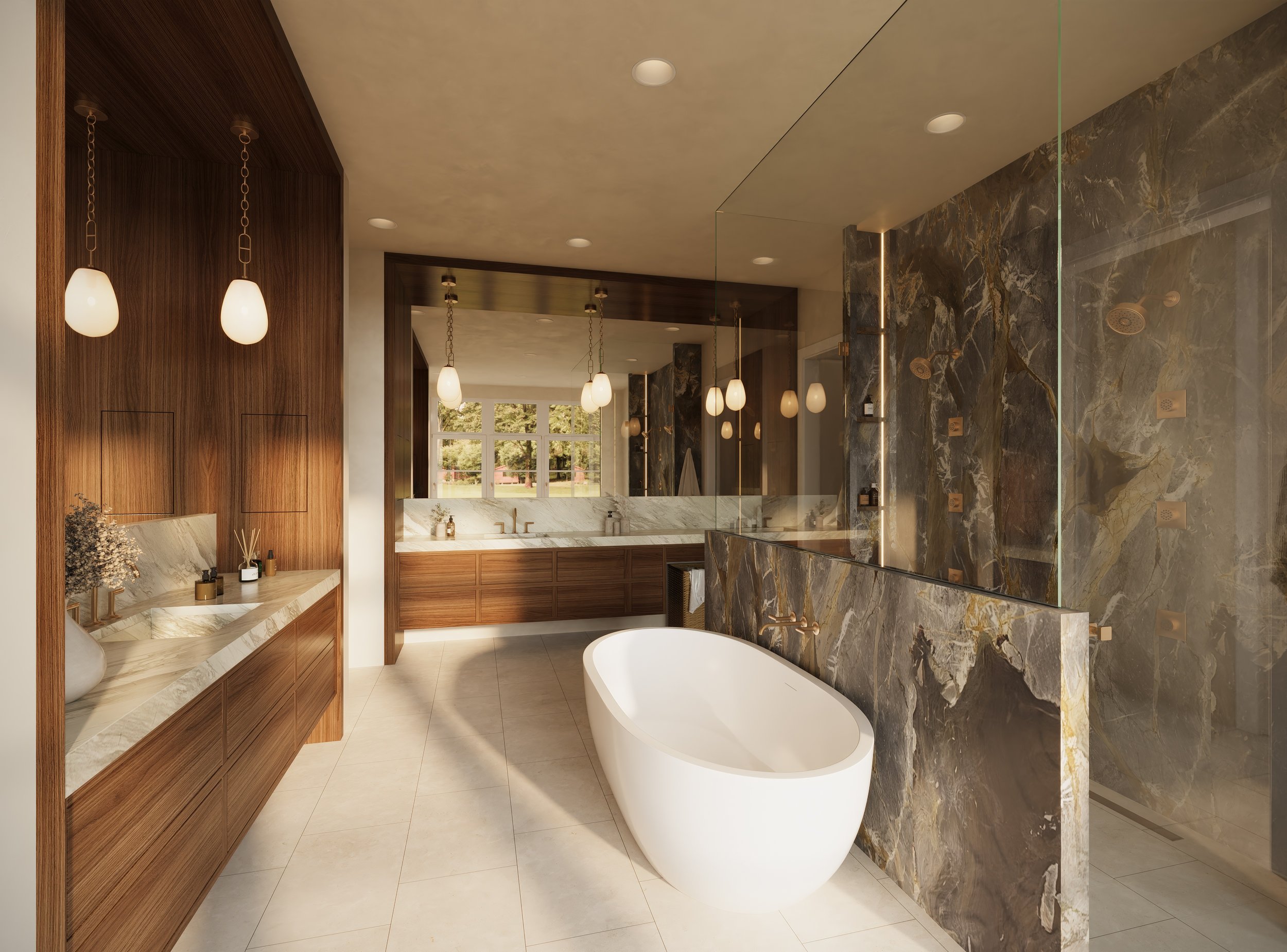 Bathroom rendering by CG Studio Interiors using Breche de Versailles stone